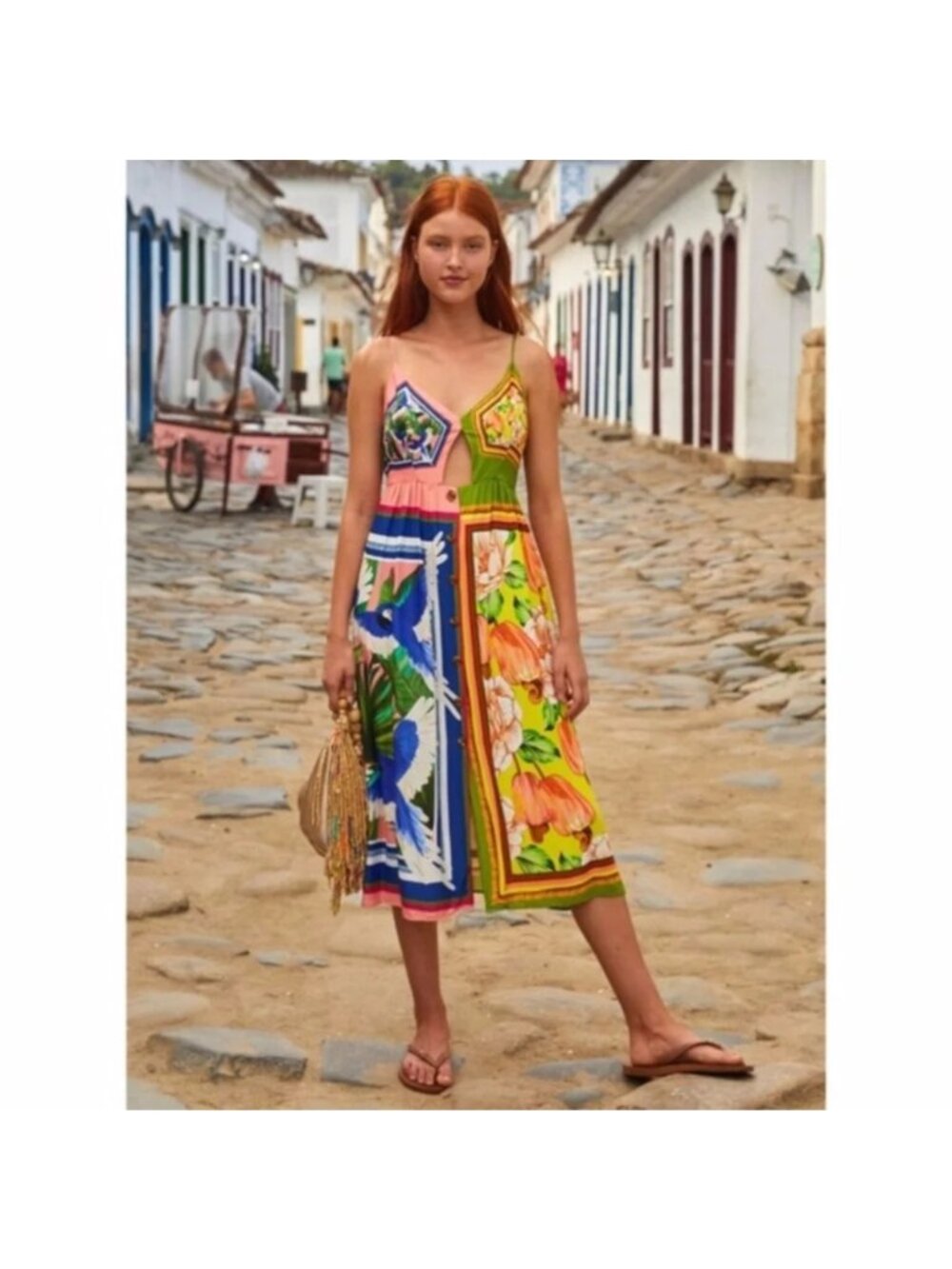 Farm Rio Double Scarf Tropical Floral Cut Out Midi Dress Womens Size Medium